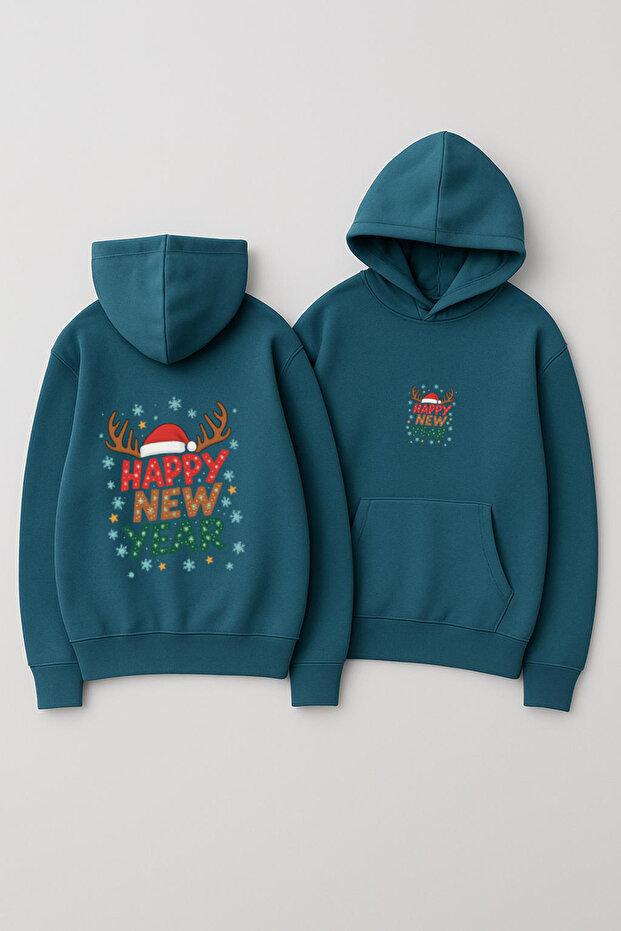 Unisex Hooded Oversized Printed Sweatshirt – Happy New Year with Reindeer Antlers and New Year's Writing