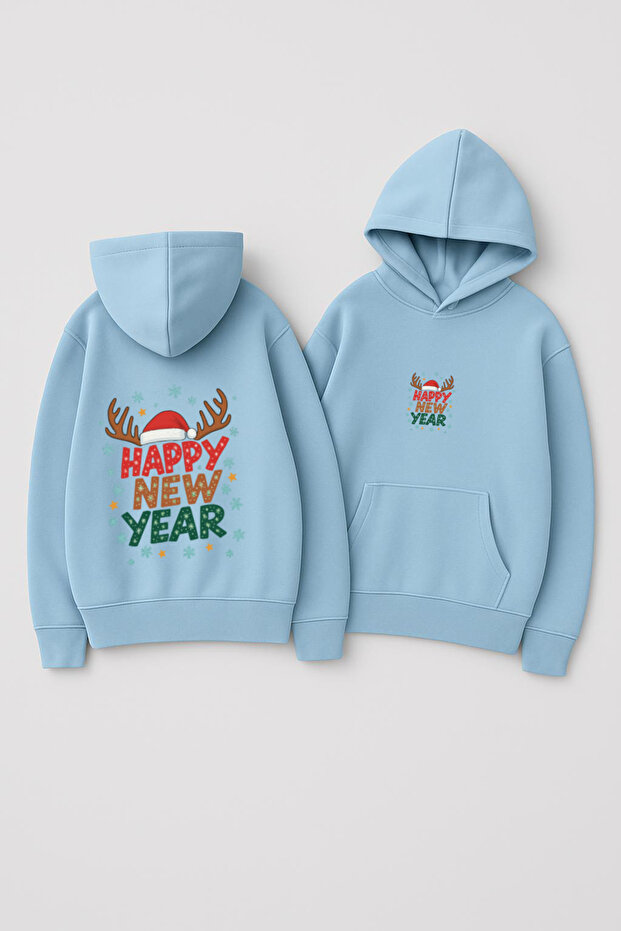 Unisex Hooded Oversized Printed Sweatshirt – Happy New Year with Reindeer Antlers and New Year's Writing