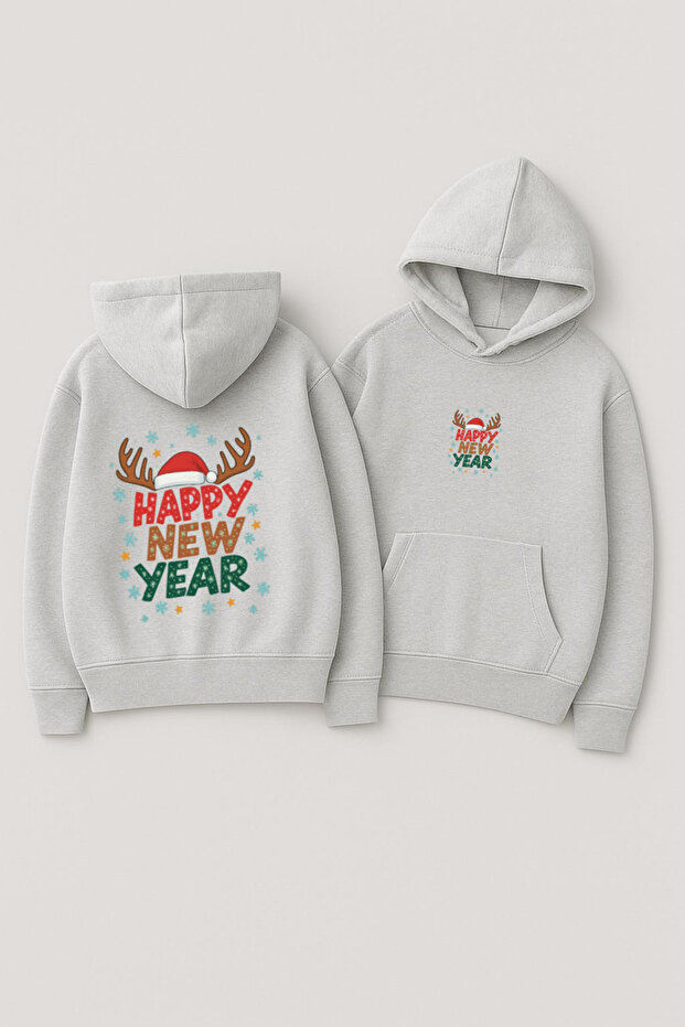 Unisex Hooded Oversized Printed Sweatshirt – Happy New Year with Reindeer Antlers and New Year's Writing