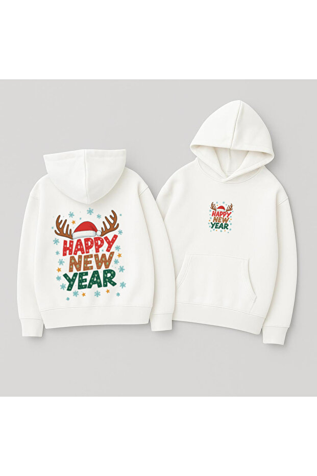 Unisex Hooded Oversized Printed Sweatshirt – Happy New Year with Reindeer Antlers and New Year's Writing