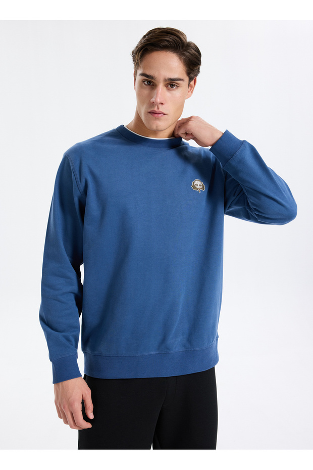 Tb0A6Hhkeyo1-Tree Logo Patch Crew Blue Round Neck Regular Fit Plain Men's Sweatshirt