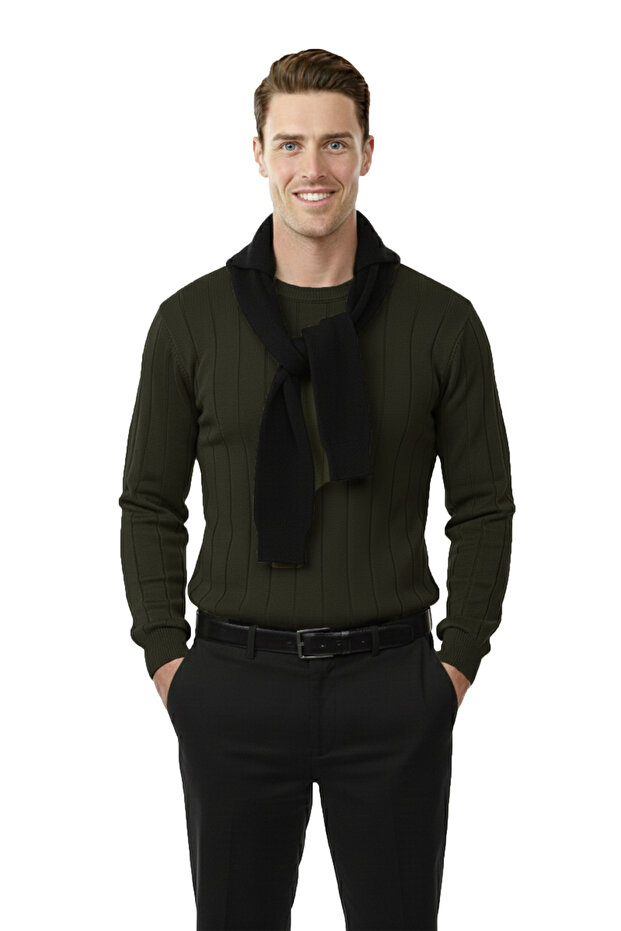Men's Khaki Comfortable Fit Striped Textured Knit Sweater – Stylish & Modern Design 2605432