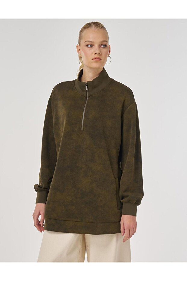 Dik Yaka Sweatshirt Haki - 1