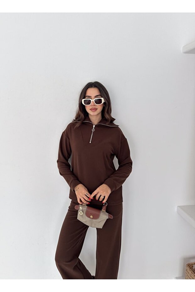 Women's Selani̇k Stand-Up Collar Zippered Knitted Fabric Bottom/Top Set