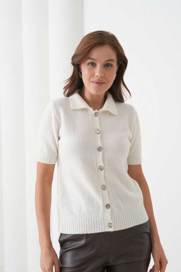 Women's Shirt Collar Silver Button Sequin Short Sleeve Knitwear Cardigan