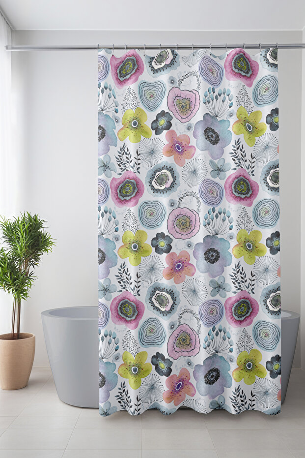 Bathroom Curtain, Water Flower Pattern Shower Curtain, Bathtub Curtain, with Ring Gift 175X200Cm Bp-99