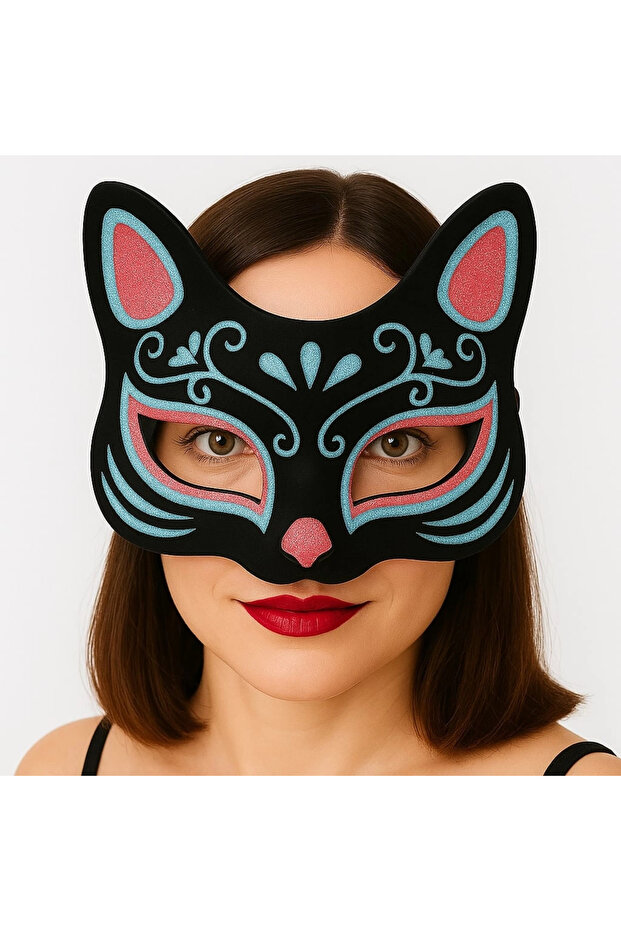 Black Color Suede Coated Blue Red Glitter Cat Mask 17x14 Cm