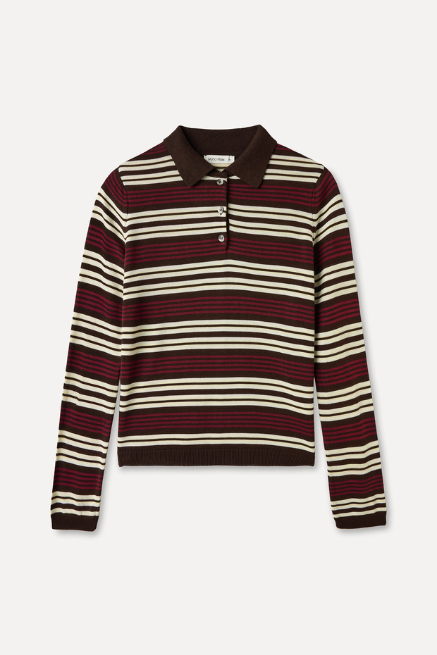 Women's Brown Striped Polo Neck Knit Sweater