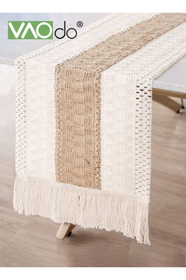 Boho Table Runner with Tassels, Home Decor Long Farmhouse Rustic Table Runner, Cream & Brown Macrame