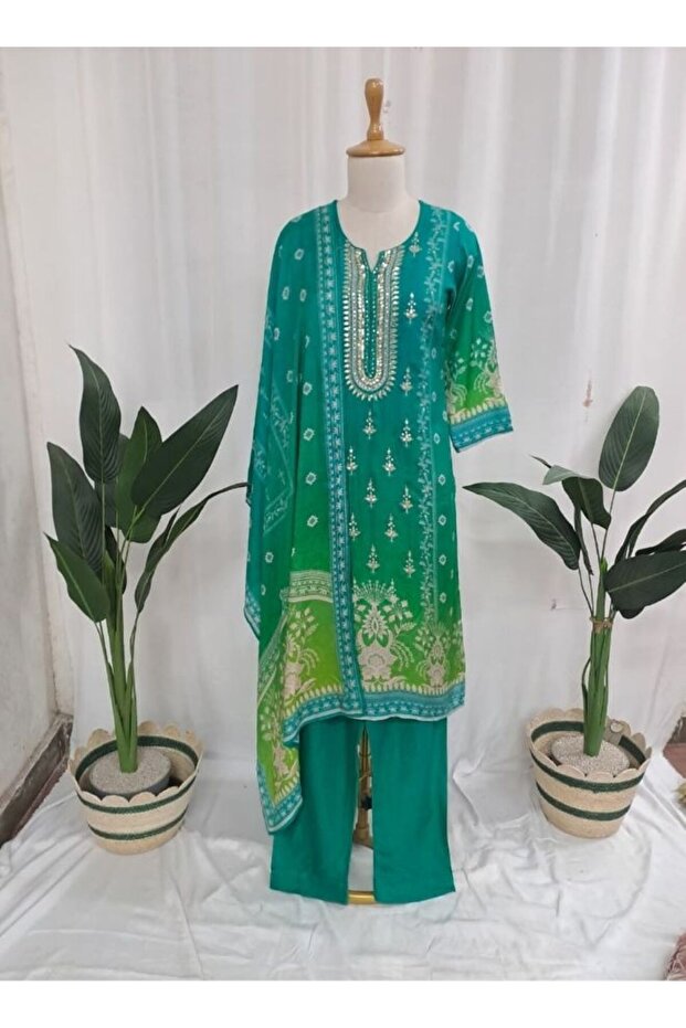 Sea Green Embroidered Cotton Suit
