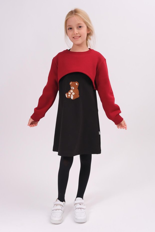 Girl's Teddy Bear Embroidered Dress and Crop Sweatshirt – Burgundy