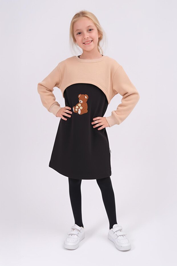 Girl's Teddy Bear Embroidered Dress and Crop Sweatshirt – Beige