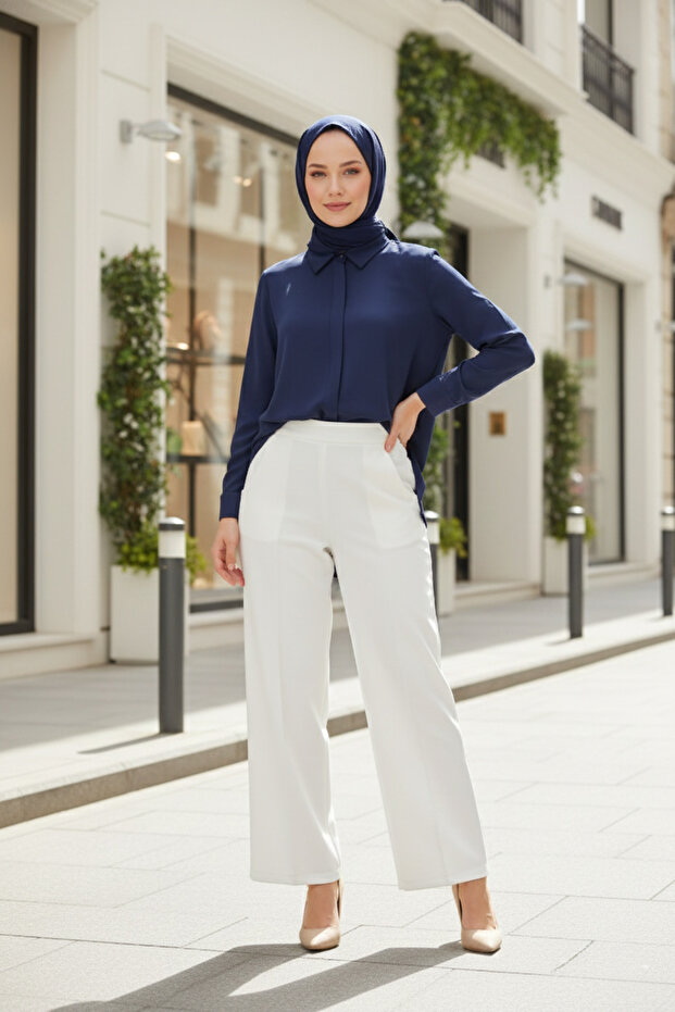 White Back Elastic High Waist Wide Leg Palazzo Women's Comfortable Fabric Pants