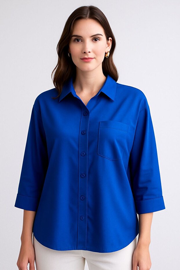 Saks Mavi Viskon Cepli Kadın Gömlek - Basic - - 2