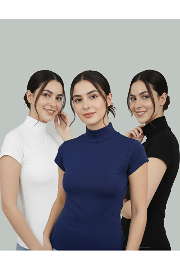Women's 3-Piece Stretch Fabric Flexible Half Fisherman Short Sleeve Black - Navy Blue - White Badi