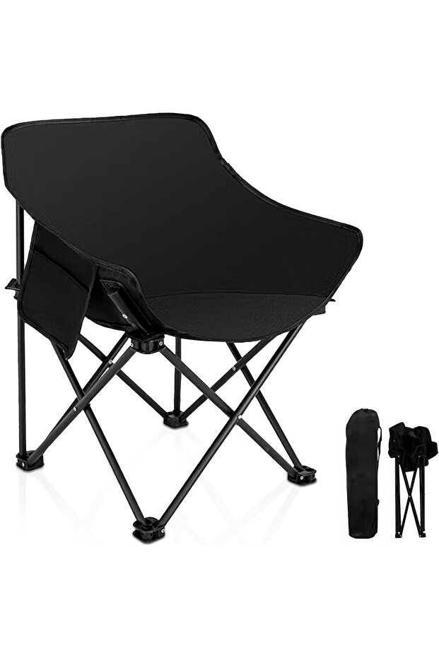 Portable Foldable Camping Chair with Armrest & Storage Pocket – Heavy-Duty Outdoor Seat (Black)