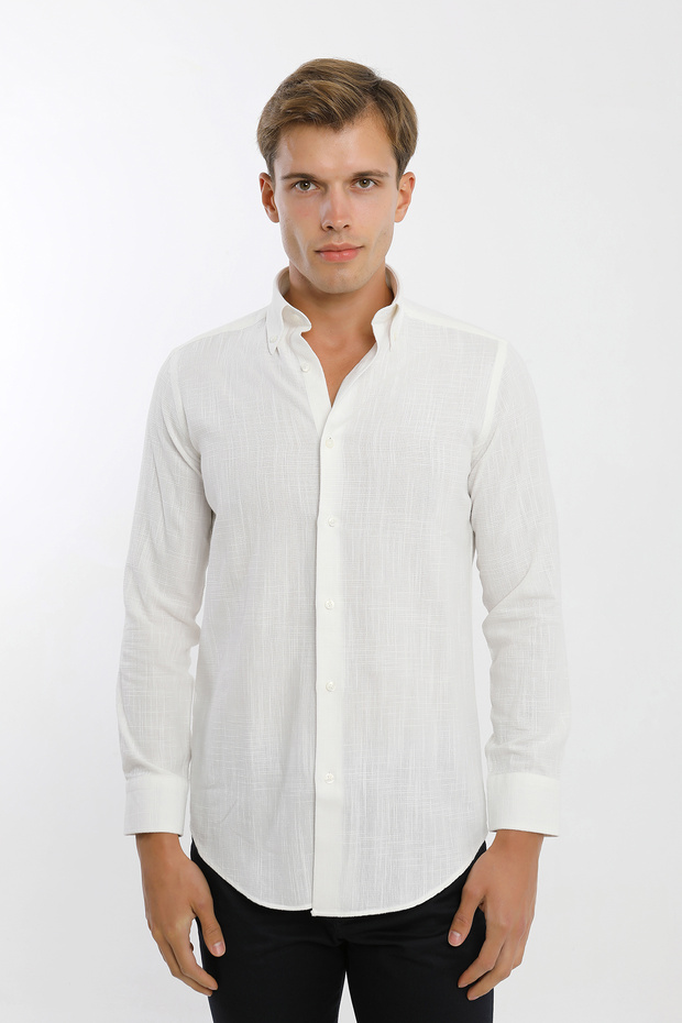 Collared Buttoned Long Sleeve Linen Look White Men's Shirt