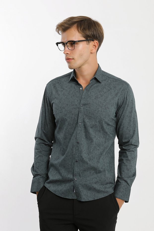 Snap Fastener Long Sleeve Printed Men's Shirt