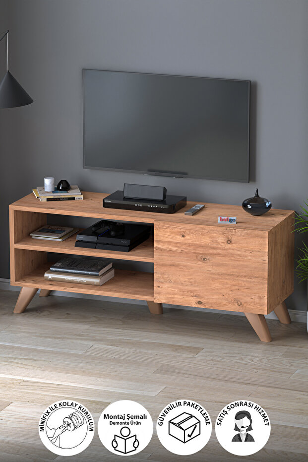 Bofigo TV Sehpası Kapaklı Tv Sehpası Raflı TV Ünitesi Televizyon Sehpası 100 x 35 Cm Malta Çam