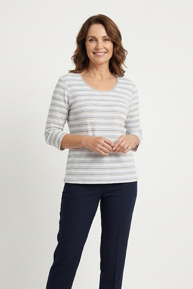 Women's Plus Size Pique Fabric Striped Three Quarter Sleeve Mom Blouse Sweater