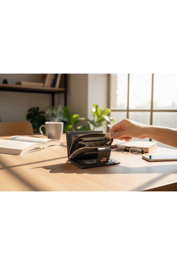 Women's Zippered Snap-Closure Coin Compartment Black Wallet Card Holder Standard Gray