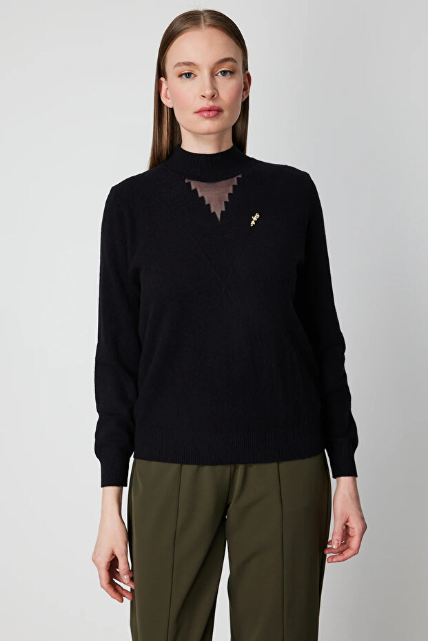 Cotton Knit Sweater with Tulle Detail on the Collar 60342-26K