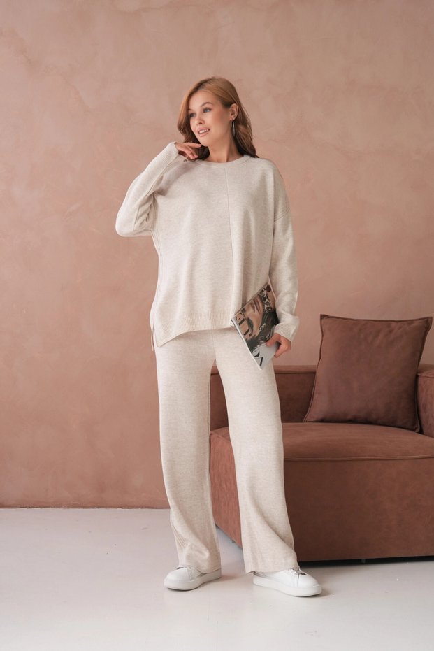 Women's Crew Neck Slit Sweater Pants Two-Piece Knitwear Set