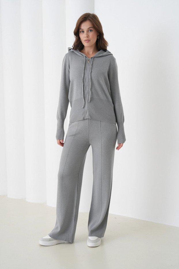 Women's Hooded Zipper Closure Cardigan Pants Two-Piece Knitwear Set