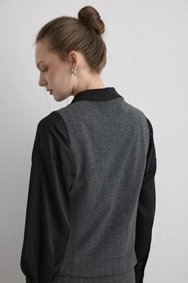 Simli Çizgili Örme Yelek - Gri - 6