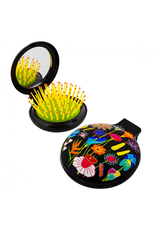 Foldable Hair Brush with Mirror - Lady Retro (Jardin Fleuri)
