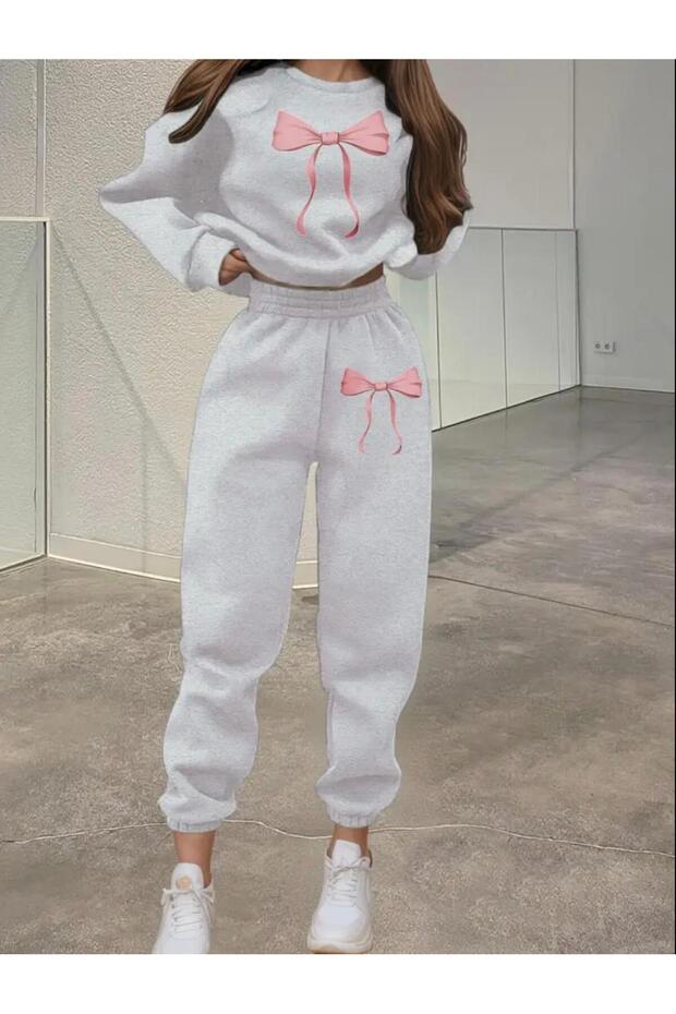 Fiyonk Printed Women's Bottom Top Gray Printed Tracksuit Set