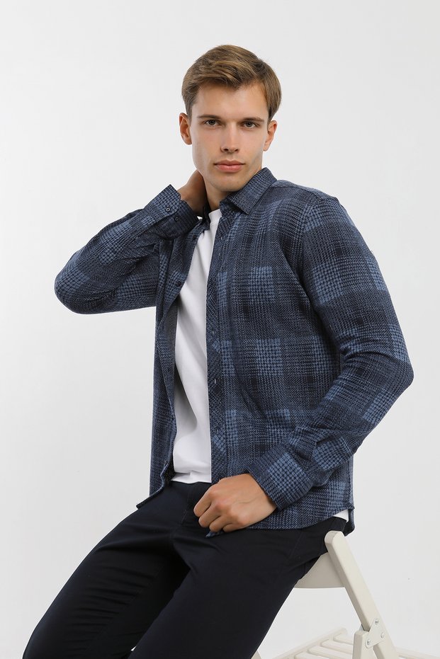 Long Sleeve Buttoned Paneled Plaid Printed Knitted Men's Shirt