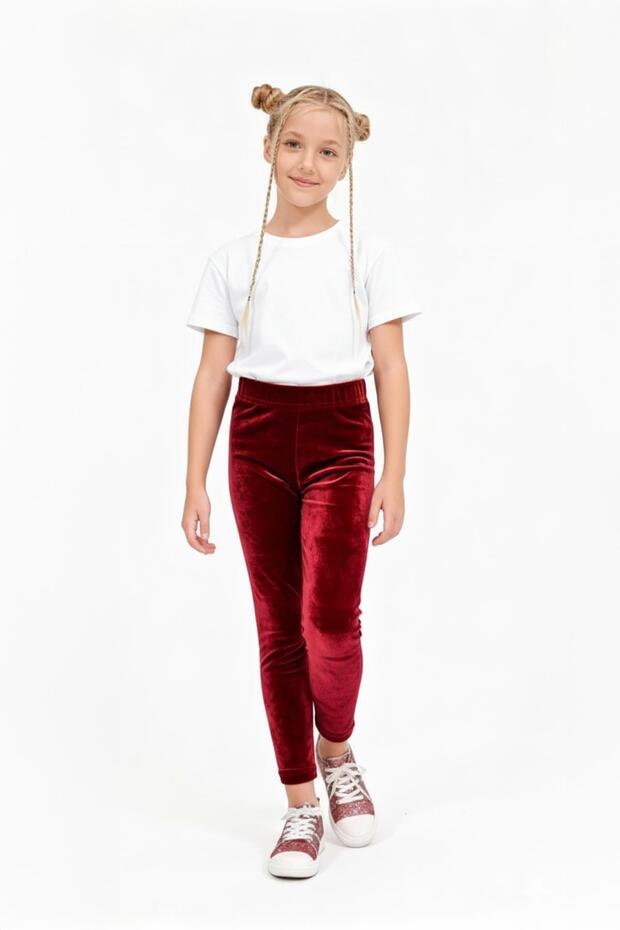 Girl's Shiny Textured Velvet Fleece-Lined Leggings – Burgundy