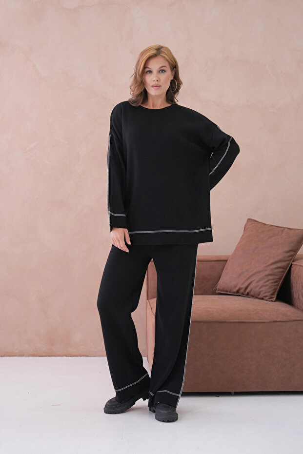 Women's Wide Neck Sweater Pants Two-Piece Knitwear Set