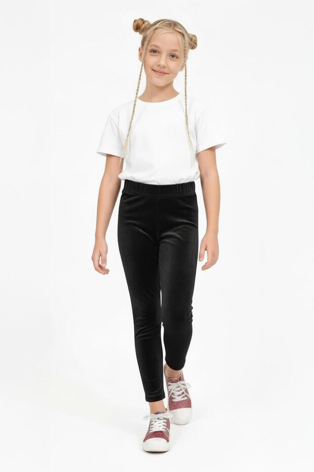 Girl's Shiny Textured Velvet Tights with Fleece Inside – Black
