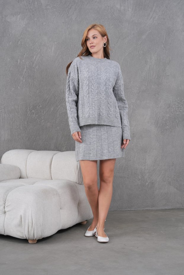 Women's Crew Neck Hair Knit Sweater Skirt Two-Piece Knitwear Set