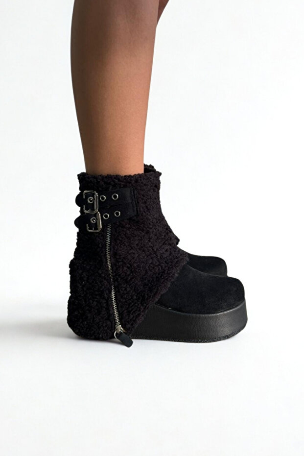 Black Suede Fur Wedge Heel Women's Boots V4246