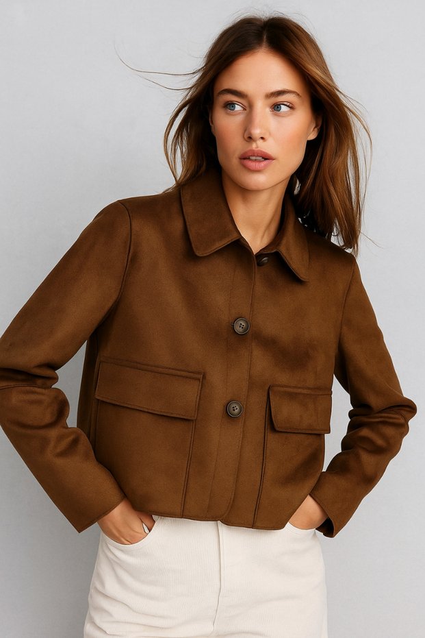 Women's Brown Flap Patch Pocket Shirt Collar Buttoned Suede Jacket