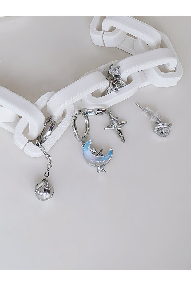 Set of 6 Silver Color Earrings with Moon, Planet and Star Figures