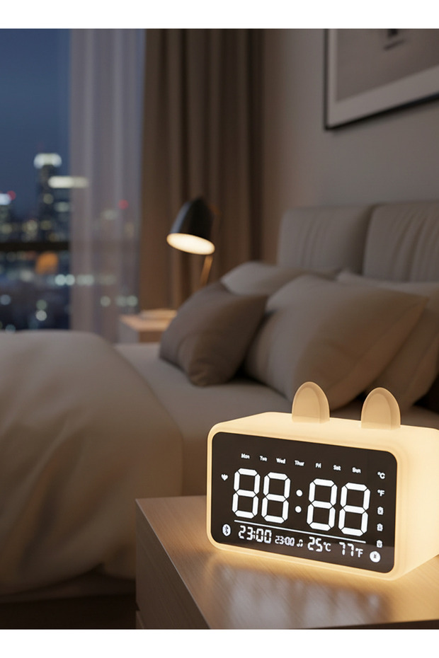 مكبر صوت ذكي بتقنية البلوتوث مع ساعة منبه وشاشة لعرض درجة الحرارة، وإضاءة ليلية LED، ومنبه مزدوج، ومكبر صوت لاسلكي وحامل للهاتف، بلون أبيض قمري