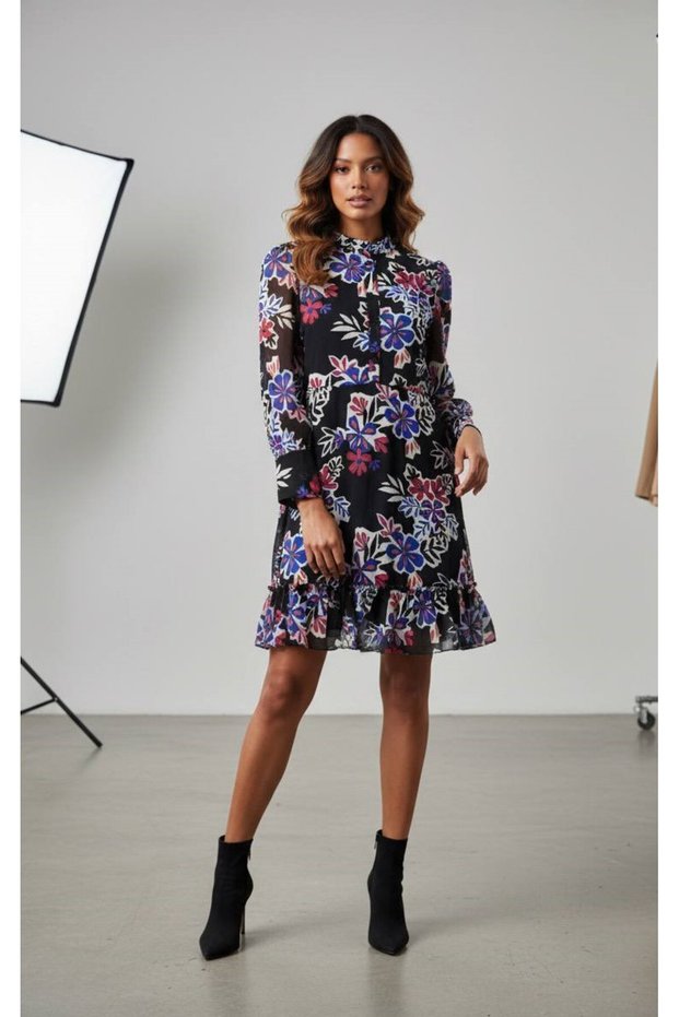 Long Sleeve Floral Print Chiffon Dress
