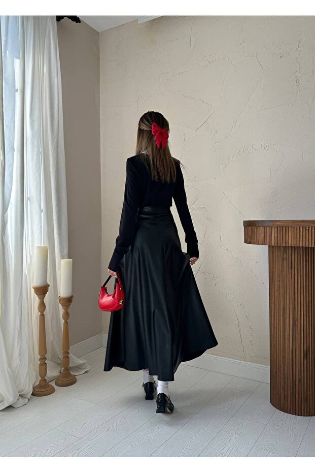 Deri Kloş Midi Etek - 4