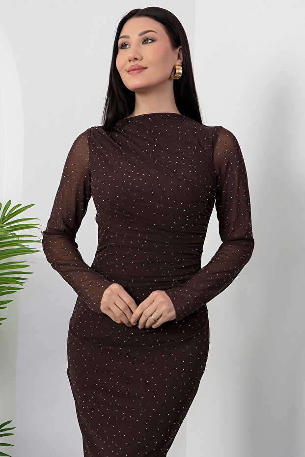 Bisiklet Yaka Drapeli Taşlı Tül Elbise DKS1330 - 2