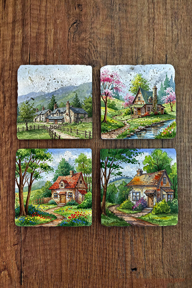 Natural Stone Coasters - Village Houses Printed Coasters 10X10Cm Ai Stone Coasters 578