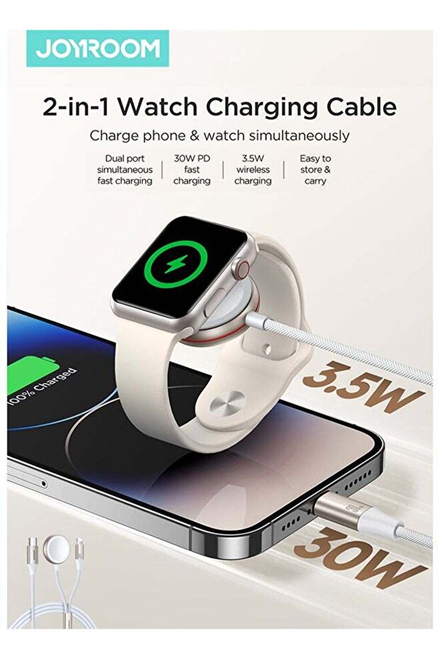 2-in-1 Magnetic Charging Cable for Apple Watch & iPhone – 1.5m USB-C, 30W PD + 3.5W Wirele