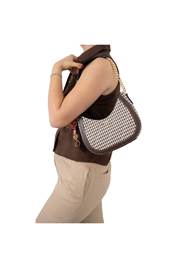 Coffee Yellow - Brown Plaid Line Square Women's Shoulder Bag Sp1168