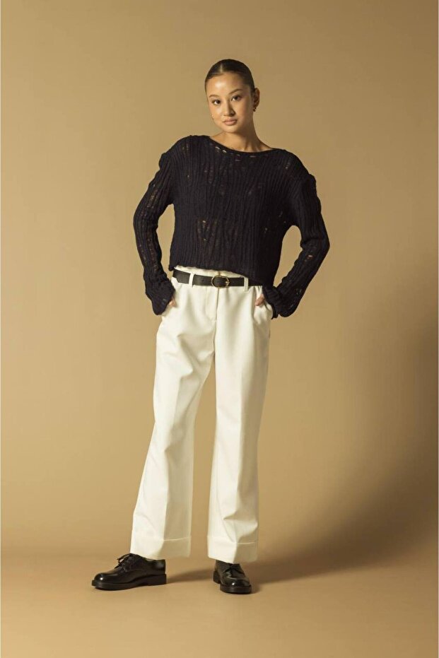 Navy Blue Perforated Lace-Like Knit Women's Sweater