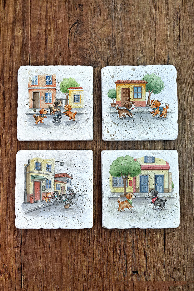 Natural Stone Coaster - Cute Dogs Printed Coasters 10X10Cm Ai Stone Coasters 587
