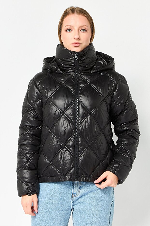 Women Brand Logo Long Sleeve Puffer Jacket, Black