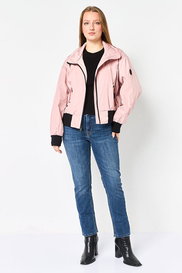 Women Solid Bomber Jacket, Blush - 3